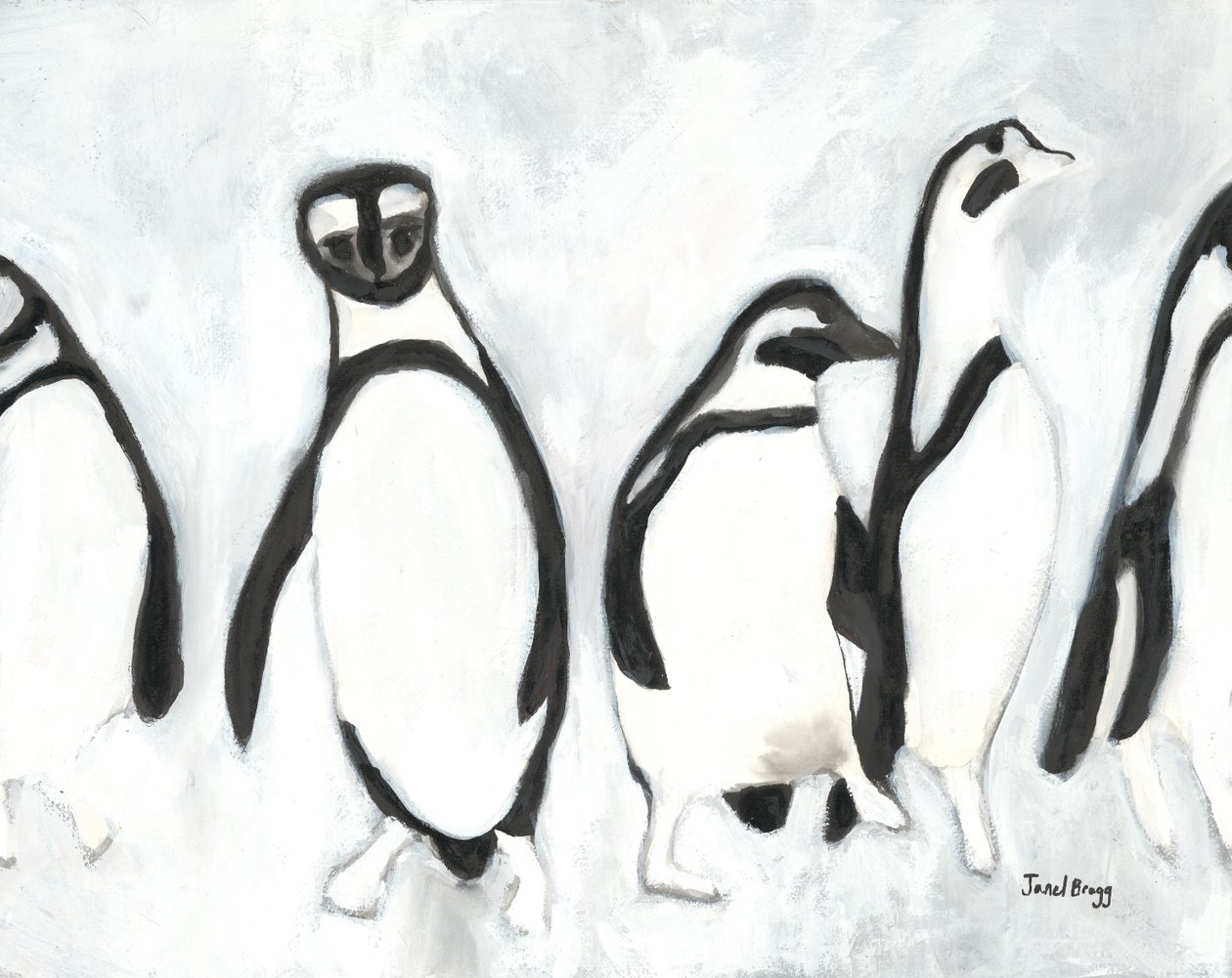 Penguins at Woodland Park Zoo, c.2021 (tinta sumi y gesso sobre papel) de Janel Bragg