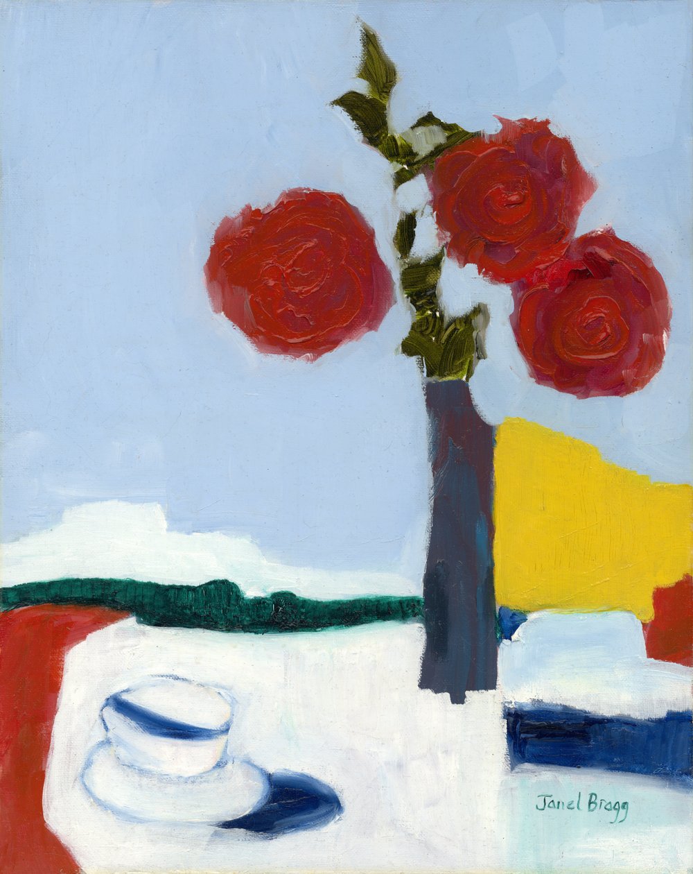 Naturaleza muerta de rosa y taza de té, c.2014 (óleo sobre papel) de Janel Bragg