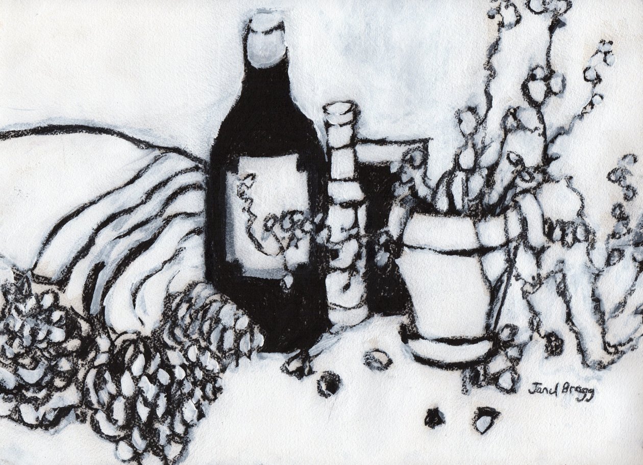 Naturaleza muerta con aceite de oliva y piñas de pino, c.2017 (carboncillo y gesso sobre papel) de Janel Bragg