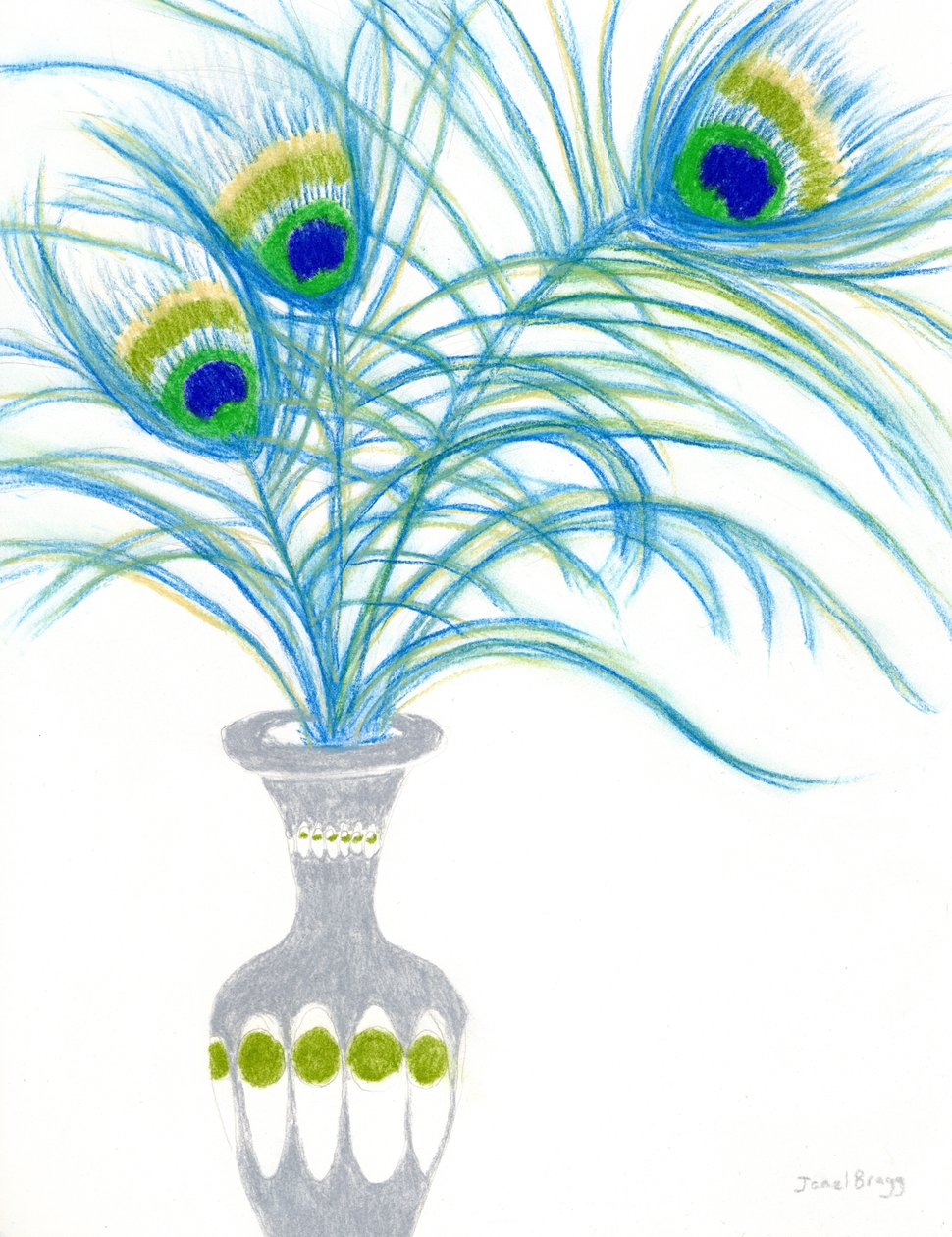 Naturaleza muerta con plumas de pavo real, c.2024 (acuarela sobre papel) de Janel Bragg