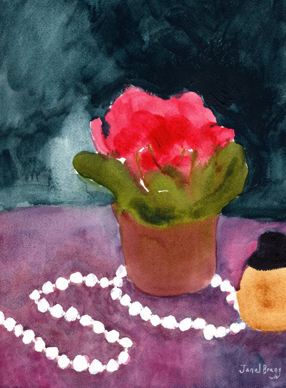 Naturaleza muerta con perlas y frasco de perfume, c.2024 (acuarela sobre papel) de Janel Bragg