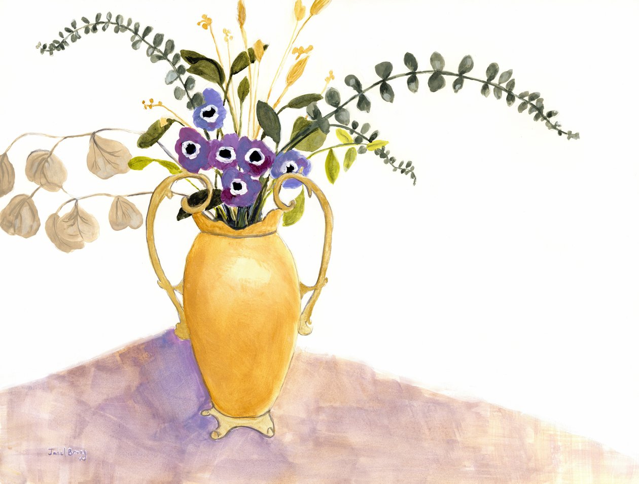 Naturaleza muerta con flores moradas y jarrón inglés, c.2024 (acuarela sobre papel) de Janel Bragg