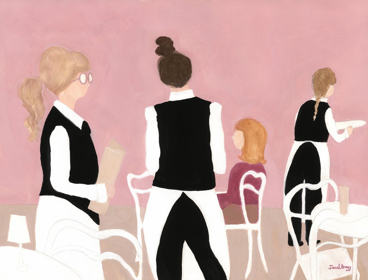 Camareras del Café Sabarsky en rosa y beige, c. 2024 (acuarela sobre papel) de Janel Bragg