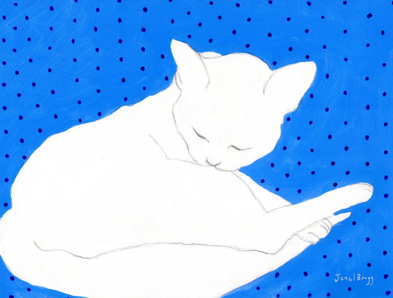 Gato blanco sobre azul con lunares, c.2024 (acuarela y caseína sobre papel) de Janel Bragg