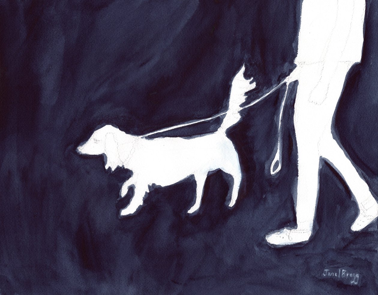 Mujer paseando al perro por Commercial Avenue, c.2021 (acuarela y lápiz sobre papel) de Janel Bragg