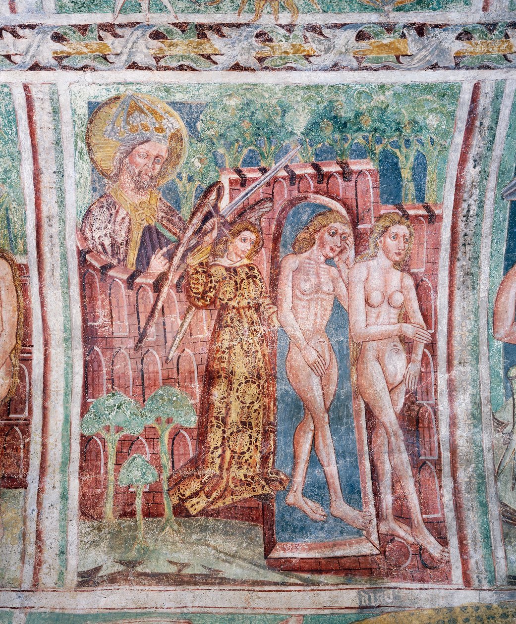 Iglesia fortificada de Hrastovlje, Iglesia de la Trinidad, Adán y Eva expulsados del Paraíso (1490), detalle de frescos por Janez Iz Kastva, Eslovenia de Janez Kastav