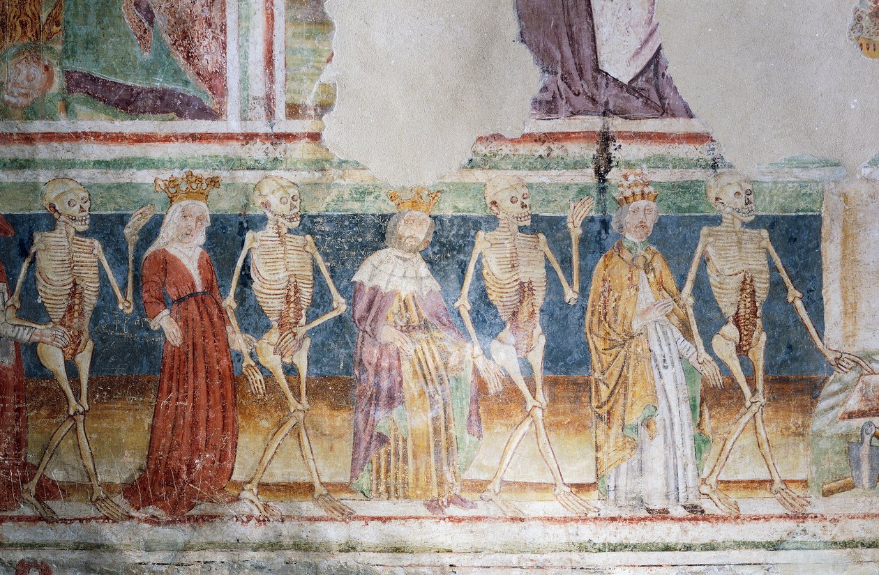 Iglesia fortificada de Hrastovlje, Iglesia de la Trinidad, La Muerte acompañando al Papa y la Reina, Danza de la Muerte (1490), detalle de los frescos de Janez Iz Kastva, Eslovenia de Janez Kastav
