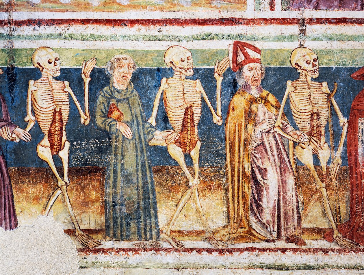 Iglesia fortificada de Hrastovlje, Iglesia de la Trinidad, La Muerte acompañando a un obispo y un monje, Danza de la Muerte (1490), detalle de frescos de Janez Iz Kastva, Eslovenia de Janez Kastav