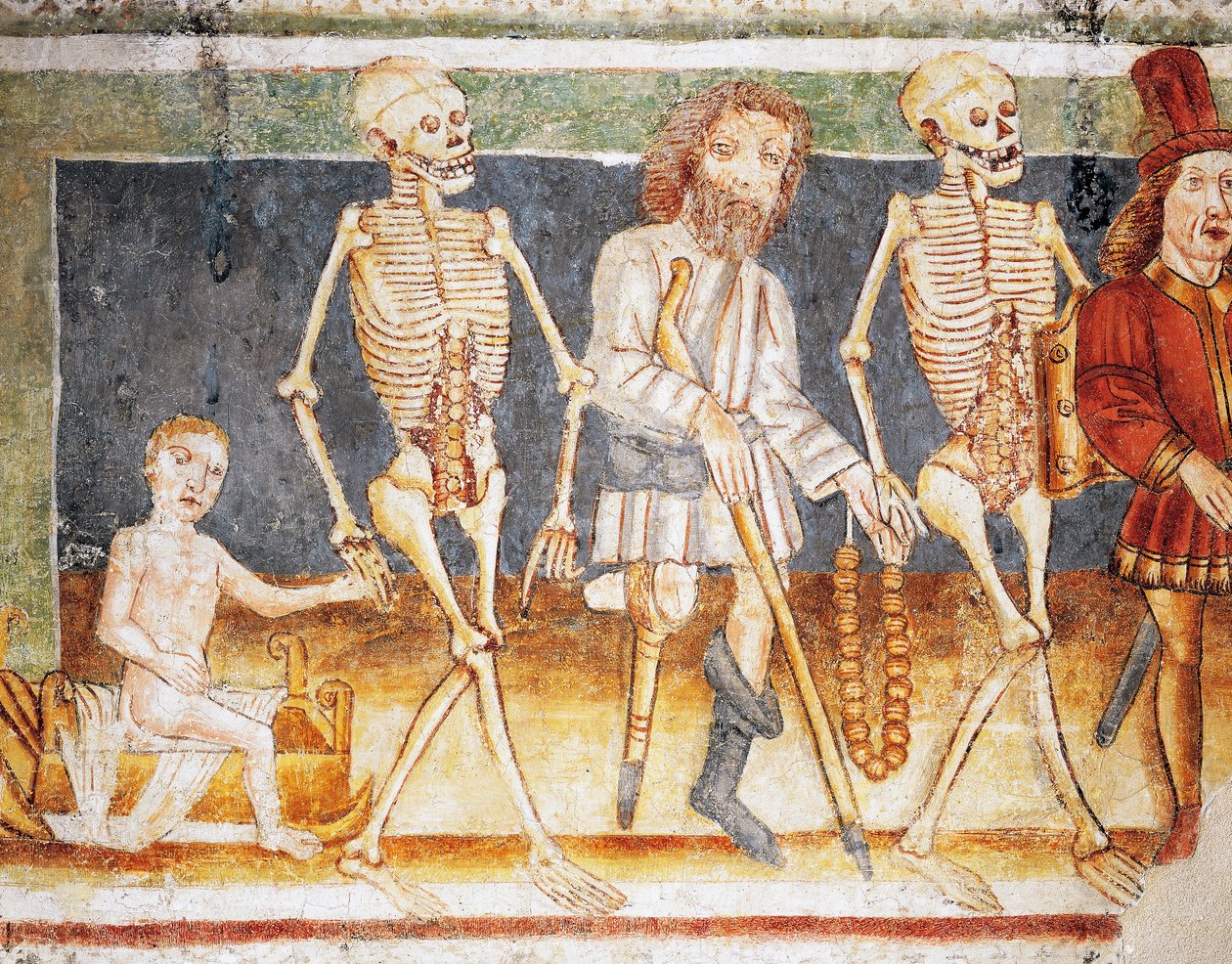 Iglesia fortificada de Hrastovlje, Iglesia de la Trinidad, La Muerte acompañando al niño y al pobre, Danza de la Muerte (1490), detalle de frescos de Janez Iz Kastva (1490), Eslovenia de Janez Kastav