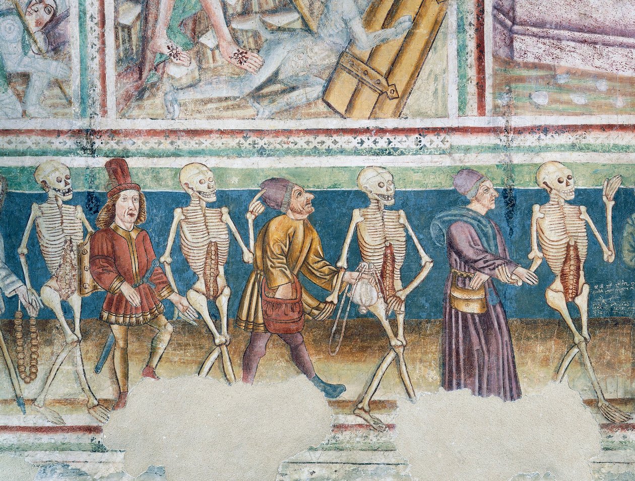 Iglesia fortificada de Hrastovlje, Iglesia de la Trinidad, La Muerte acompañando a un comerciante y un banquero rico, Danza de la Muerte (1490), detalle de frescos de Janez Iz Kastva, Eslovenia de Janez Kastav