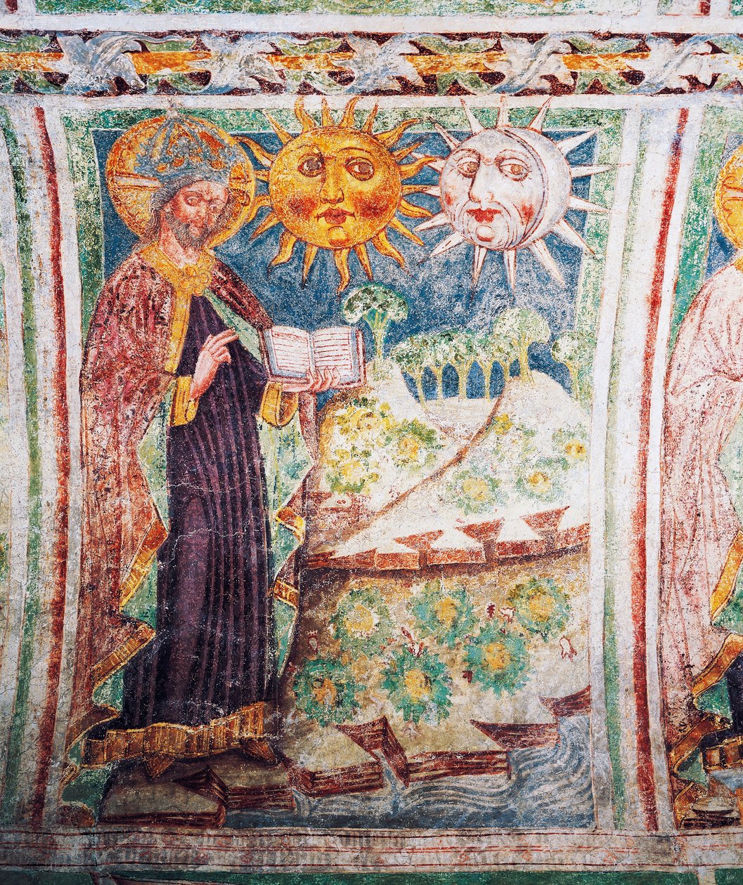 Iglesia fortificada de Hrastovlje, Iglesia de la Trinidad, Génesis, Dios crea el sol, la luna y las estrellas (1490), detalle de los frescos de Janez Iz Kastva, Eslovenia de Janez Kastav