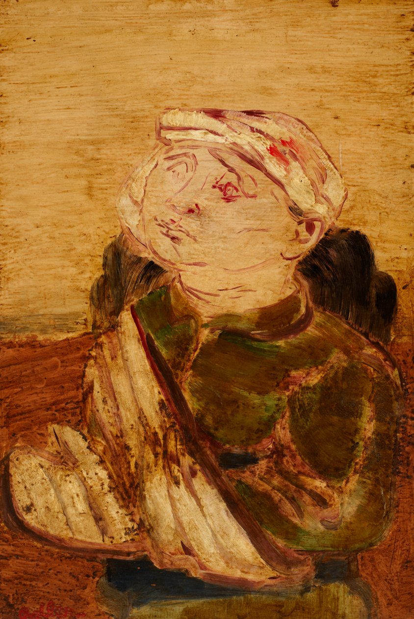 Herido - Retrato de un hombre con gorra (acrílico sobre papel sobre tabla) de Jankel Adler