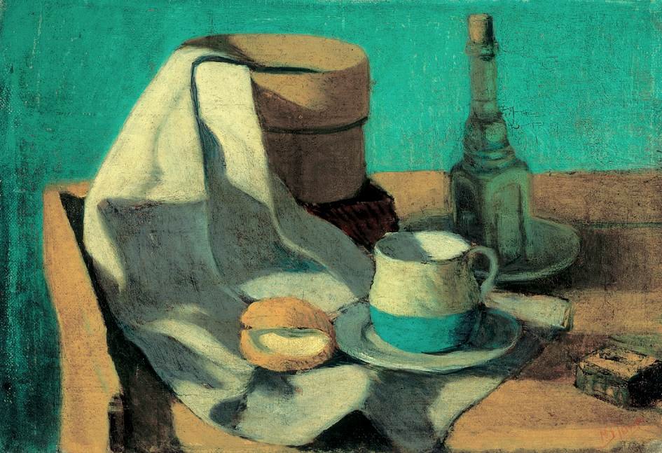 Bodegón con tamiz, bollo y taza de Janos Nagy Balogh