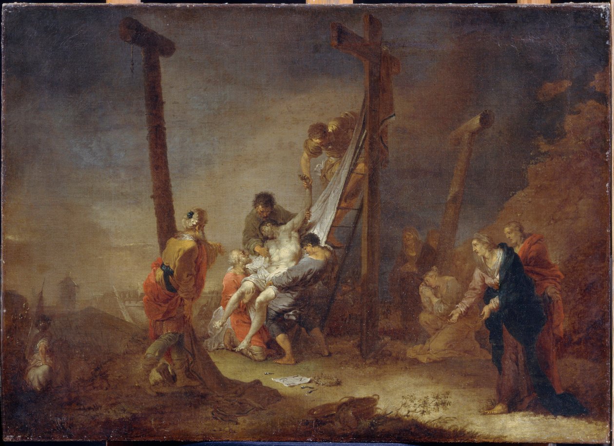 El Descendimiento de la Cruz. Al pie de la cruz, símbolos de la Pasión de Jesucristo: clavos, corona de espinas y la inscripción INRI (I.N.R.I). Pintura de Johann Rosso Januarius Zick (1730-1797), óleo sobre lienzo. arte alemán de Januarius Zick