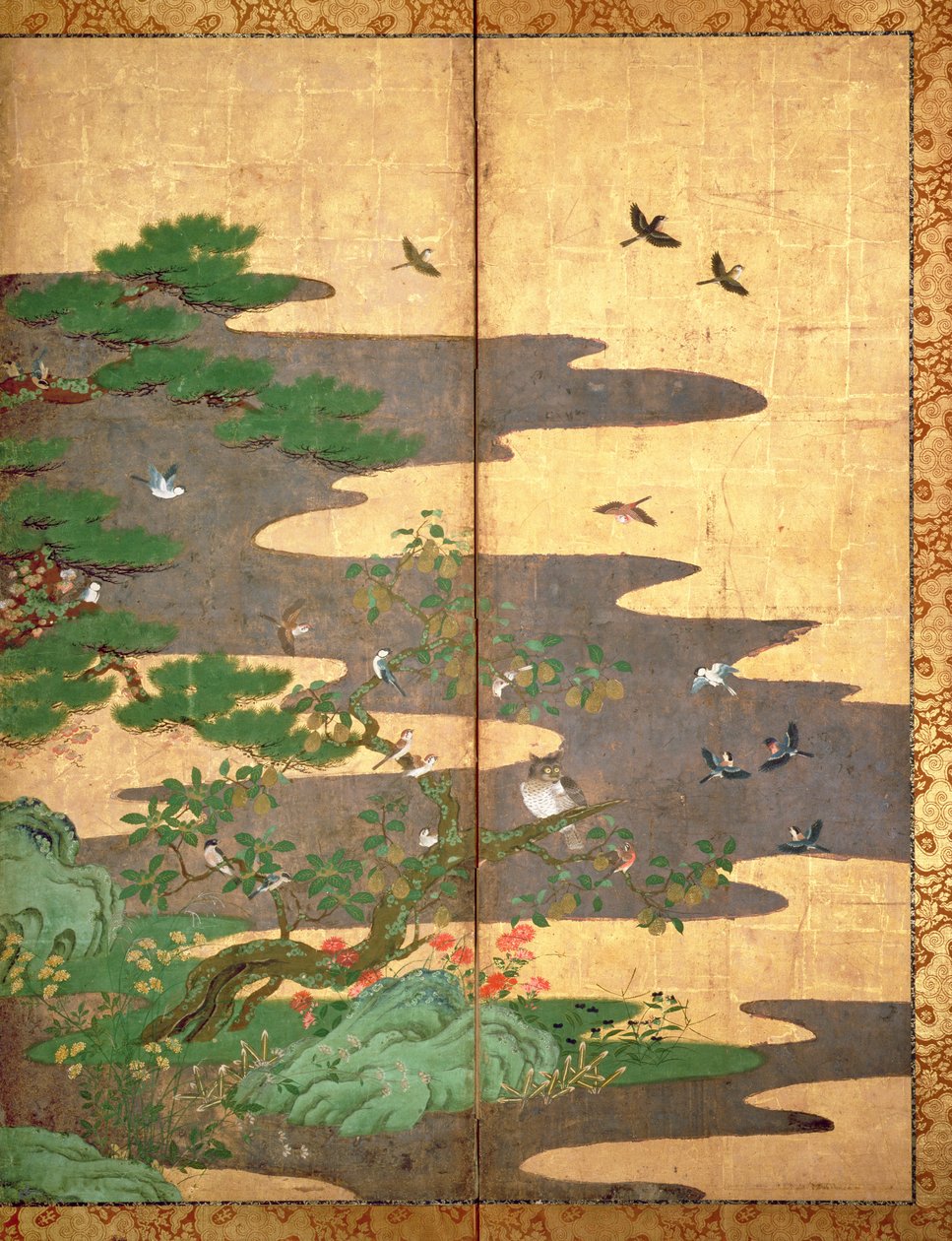 Aves con flores de otoño e invierno (pluma y tinta, color y papel dorado sobre panel) de Japanese School