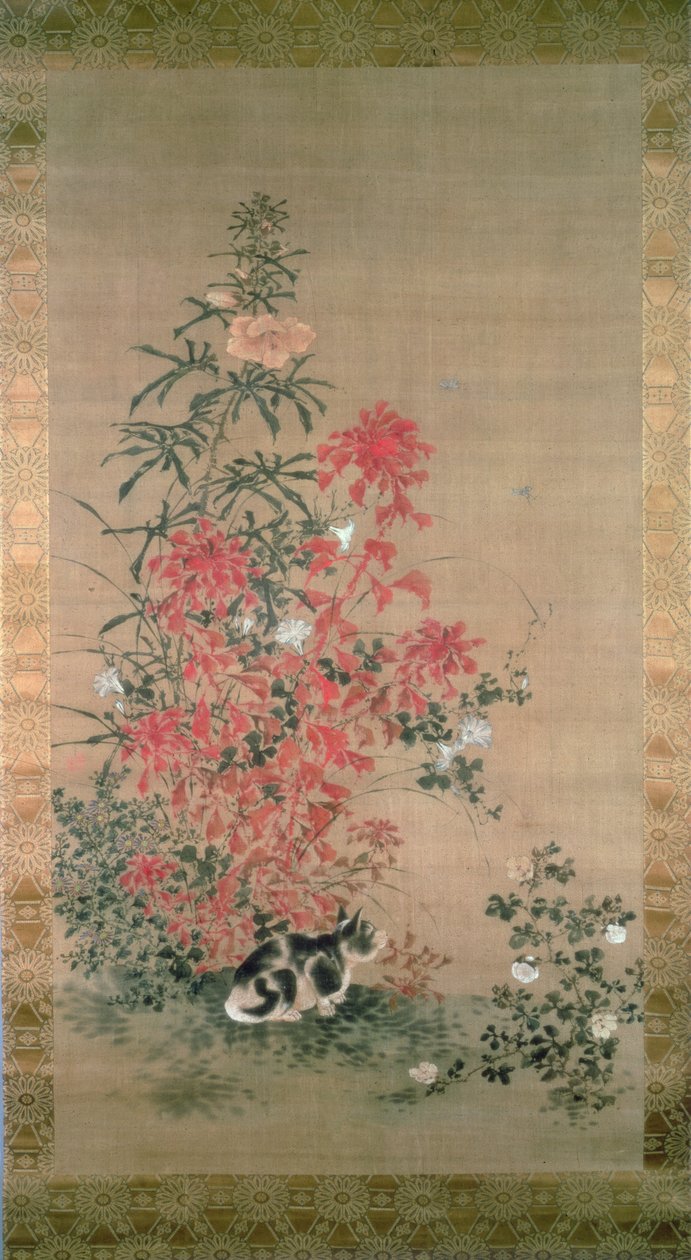 Gato entre flores de Japanese School
