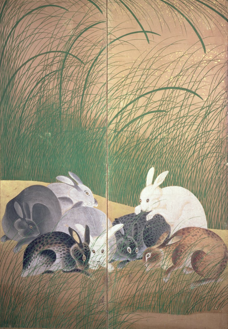Liebres y pastos otoñales, c.1700 de Japanese School