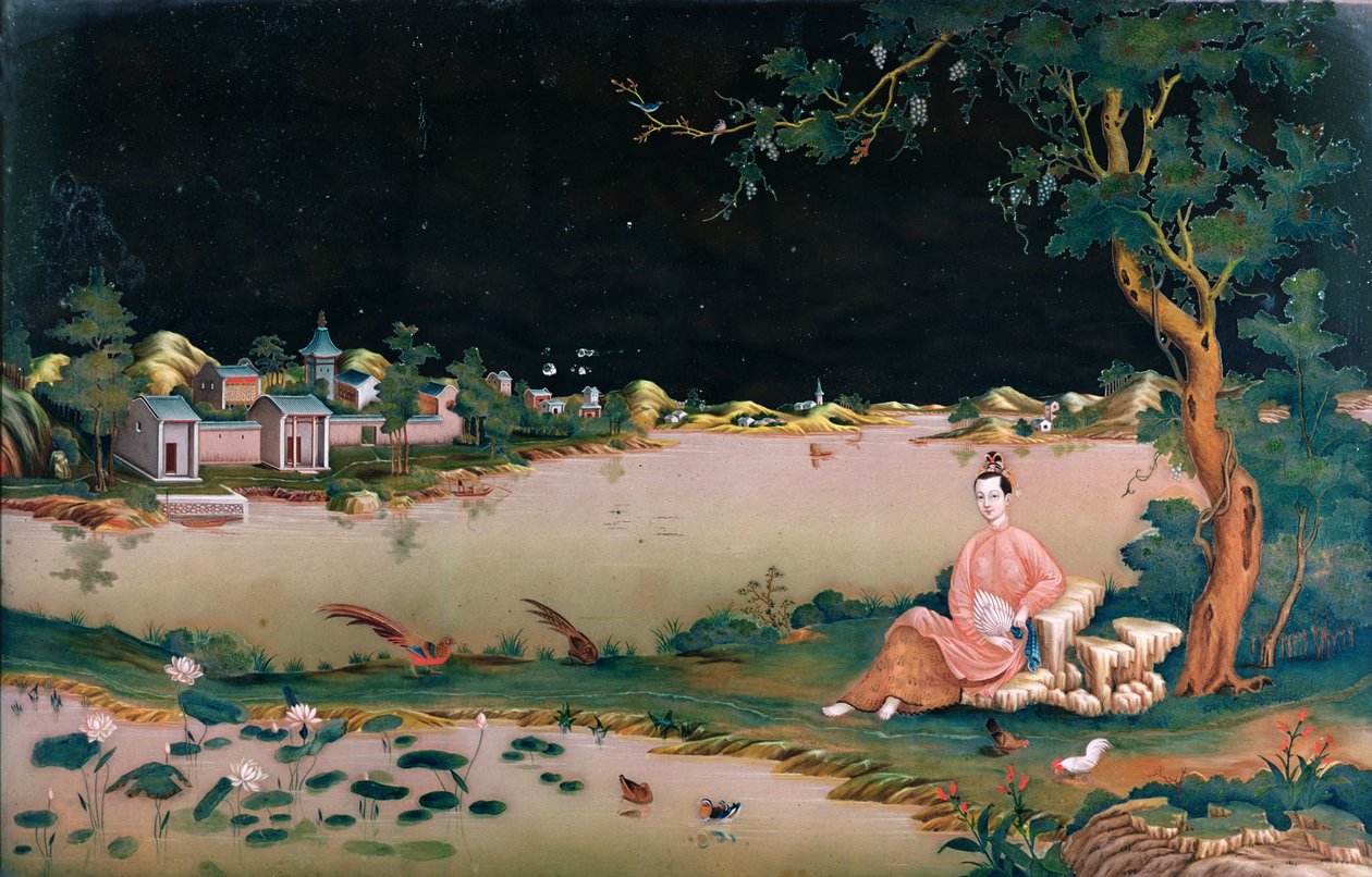 Pintura de espejo japonés mostrando a una niña sentada, c.1800 de Japanese School