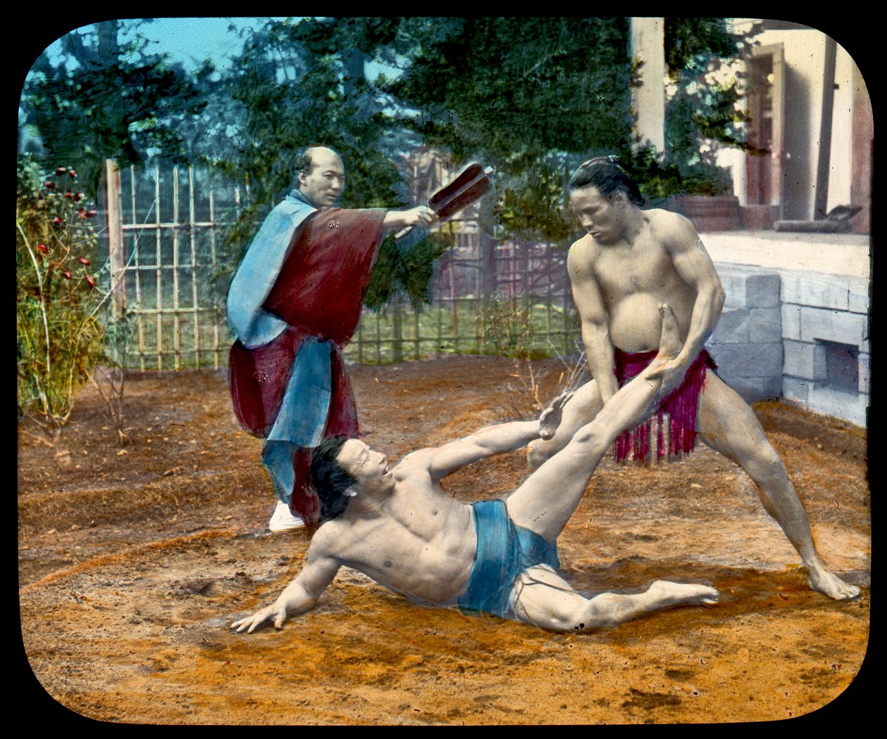 Diapositiva de Linterna Mágica de Luchadores de Sumo. 1895 de Japanese School