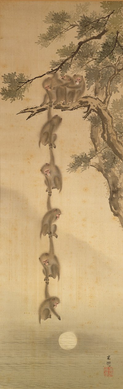 Monos alcanzando la luna, período Edo (1603-1867) de Japanese School
