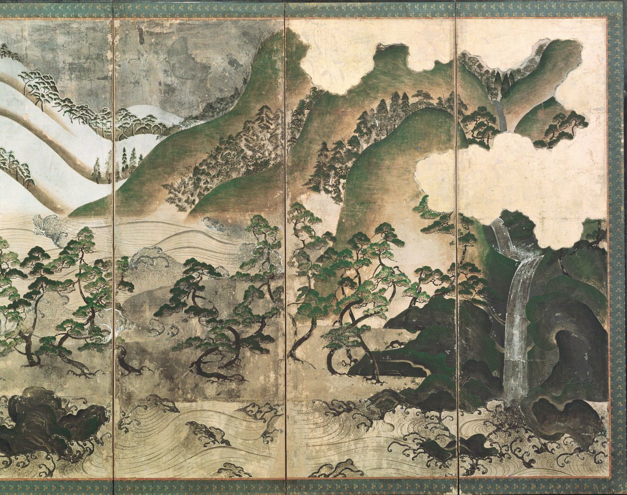 Paisaje invernal a la luz de la luna, parte de un biombo de seis paneles de Japanese School
