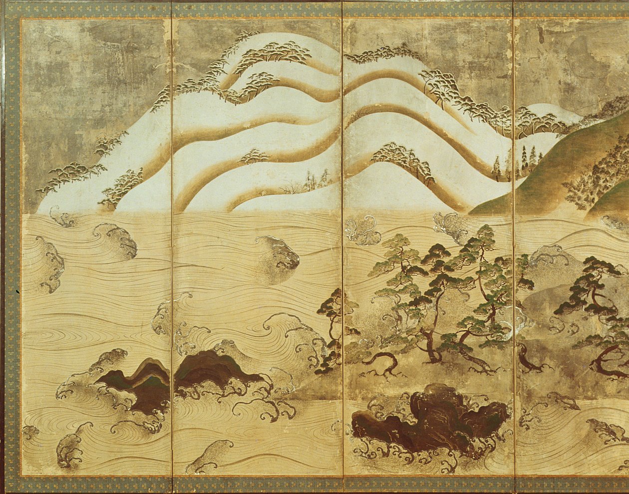 Paisaje de invierno a la luz de la luna, parte de un biombo de seis paneles de Japanese School