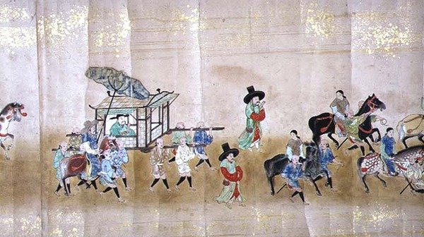Sexta embajada coreana a Japón en Meireki 1 en el momento de la sucesión de Tokugawa Ietsuna en 1651, posiblemente por Kano Masunobu (1625-94) (detalle) de Japanese School
