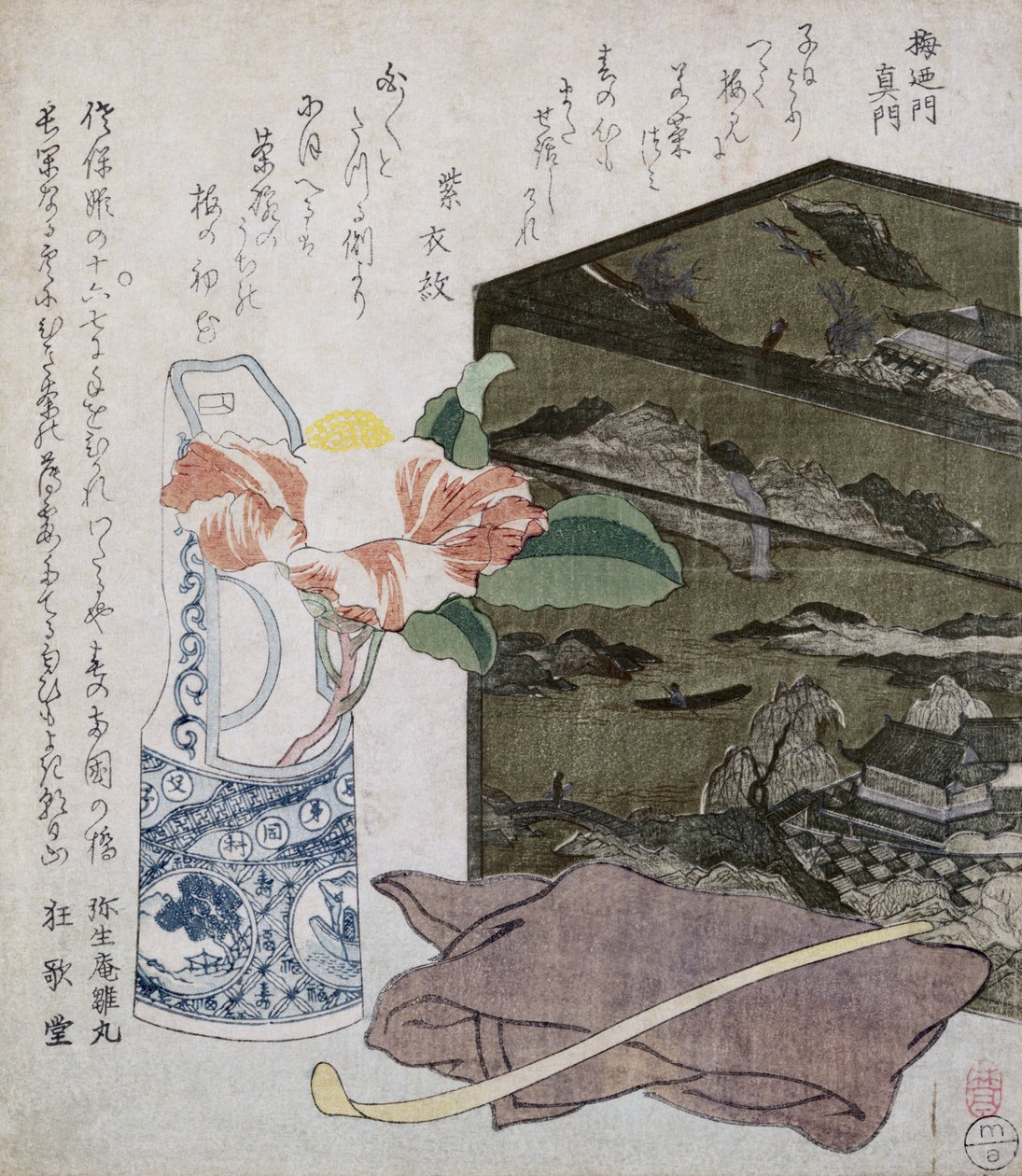 Naturaleza muerta con una camelia, c.1820 de Japanese School