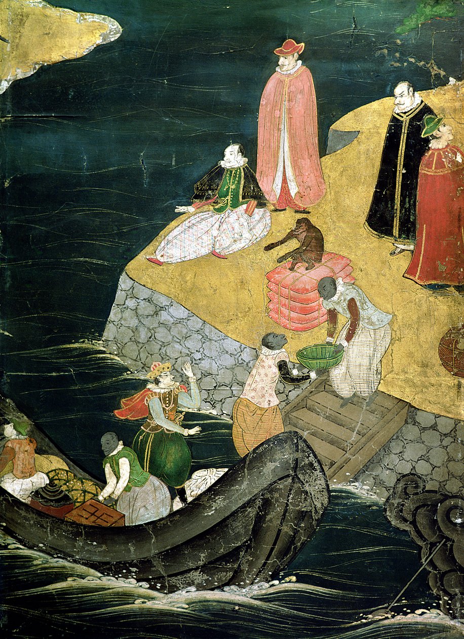 La llegada de los portugueses a Japón, (detalle) de Japanese School