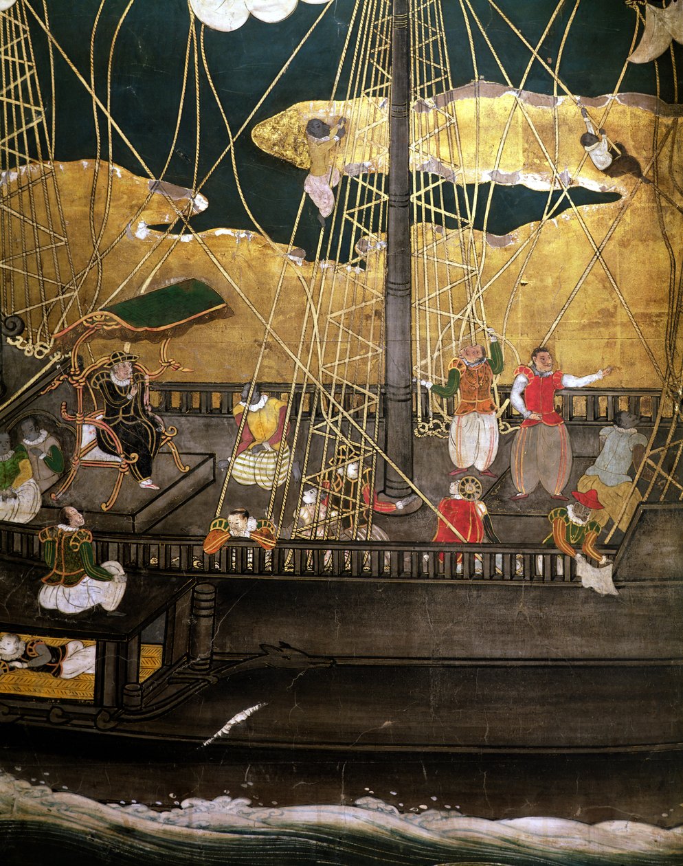 La llegada de los portugueses a Japón, detalle del barco portugués, de una pantalla Namban Byobu, 1594-1618 de Japanese School