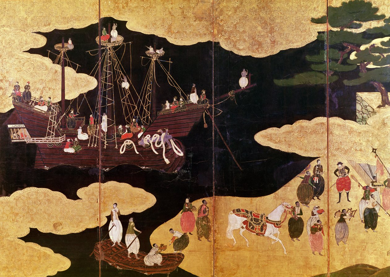 La llegada de los portugueses a Japón (detalle) de Japanese School
