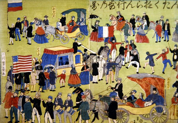 Visitantes americanos, holandeses y franceses llegando a Yokohama en Japón, c.1860 de Japanese School