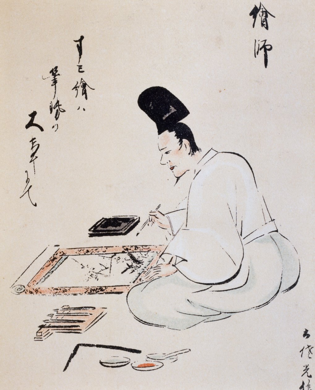 Artista pintando con tinta, dibujo, escuela Tosa, civilización japonesa, período Edo de Japanese School
