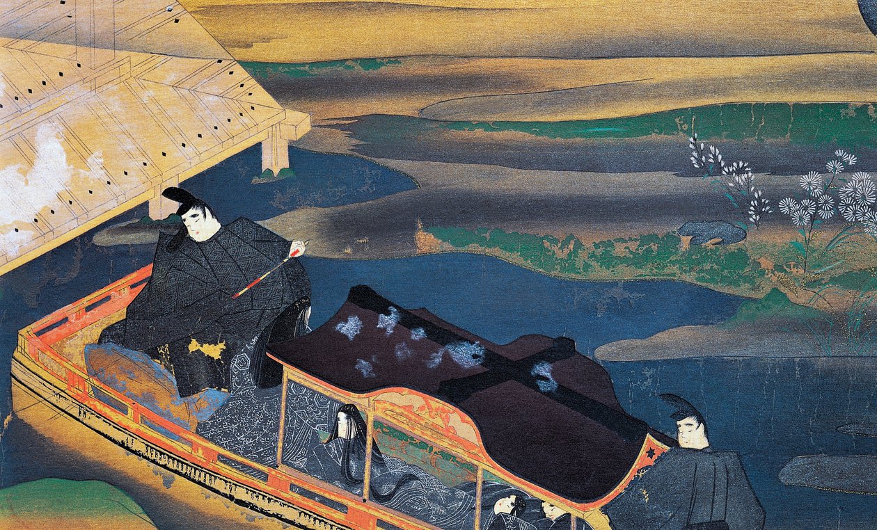 Barco a la luz de la luna, de Fujiwara Nobuzane (1176-1265), ilustración del Diario de Murasaki Shikibu, civilización japonesa de Japanese School