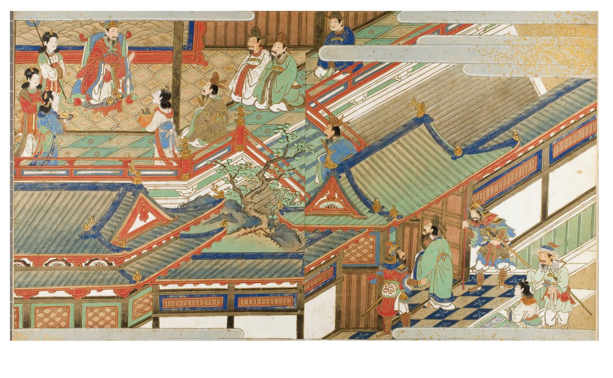 Escena de la corte china en estilo Yamato-e de Japanese School