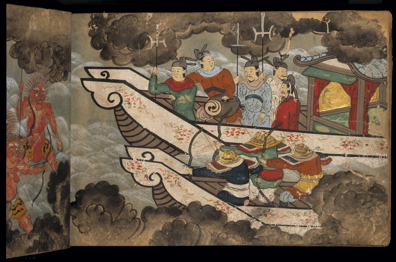 Soldados chinos en barcos, ilustración del 