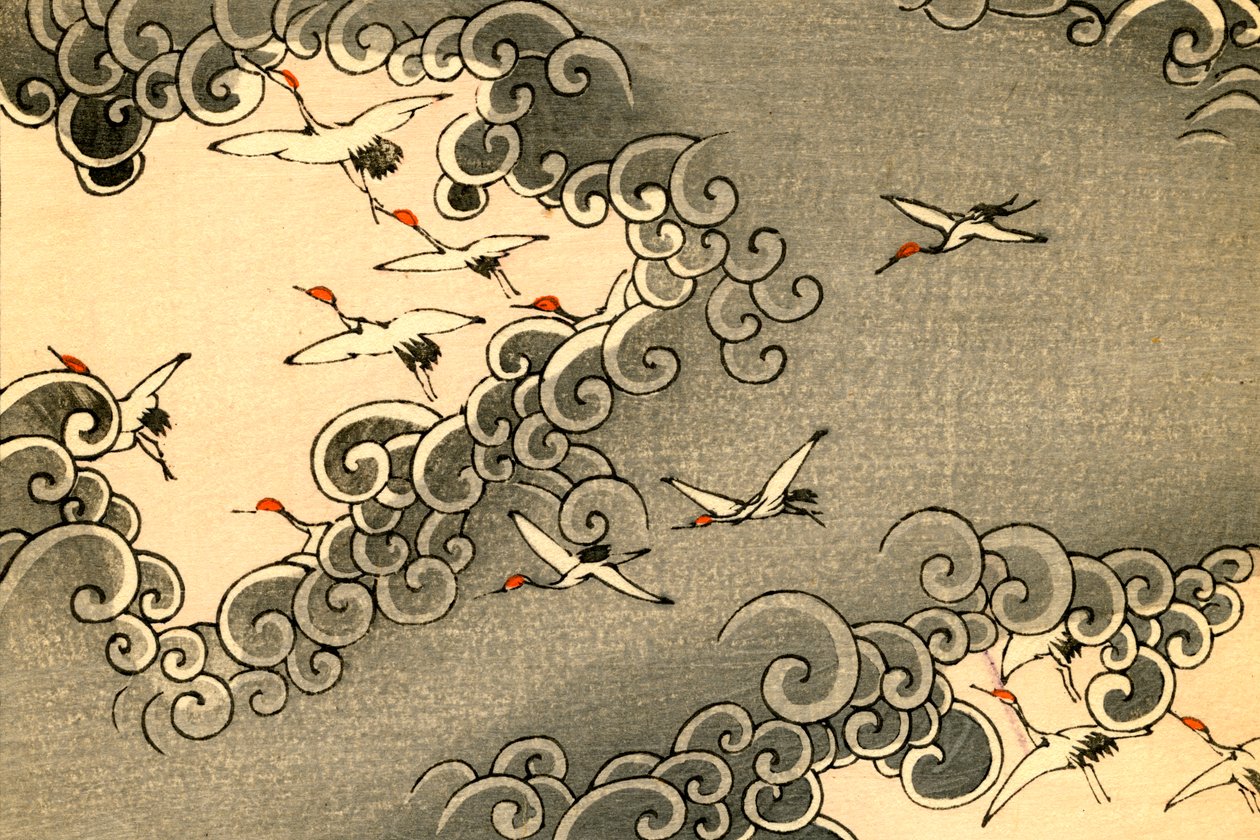 Grullas Volando en Nubes Grises de Japanese School