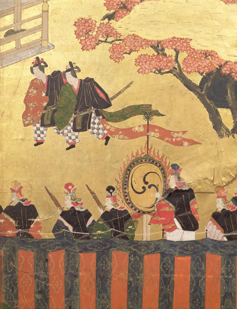 (detalle) de una pantalla de cuatro hojas que representa a dos cortesanos con kazaritachi y soldados, Escuela Tosa, Período Edo de Japanese School