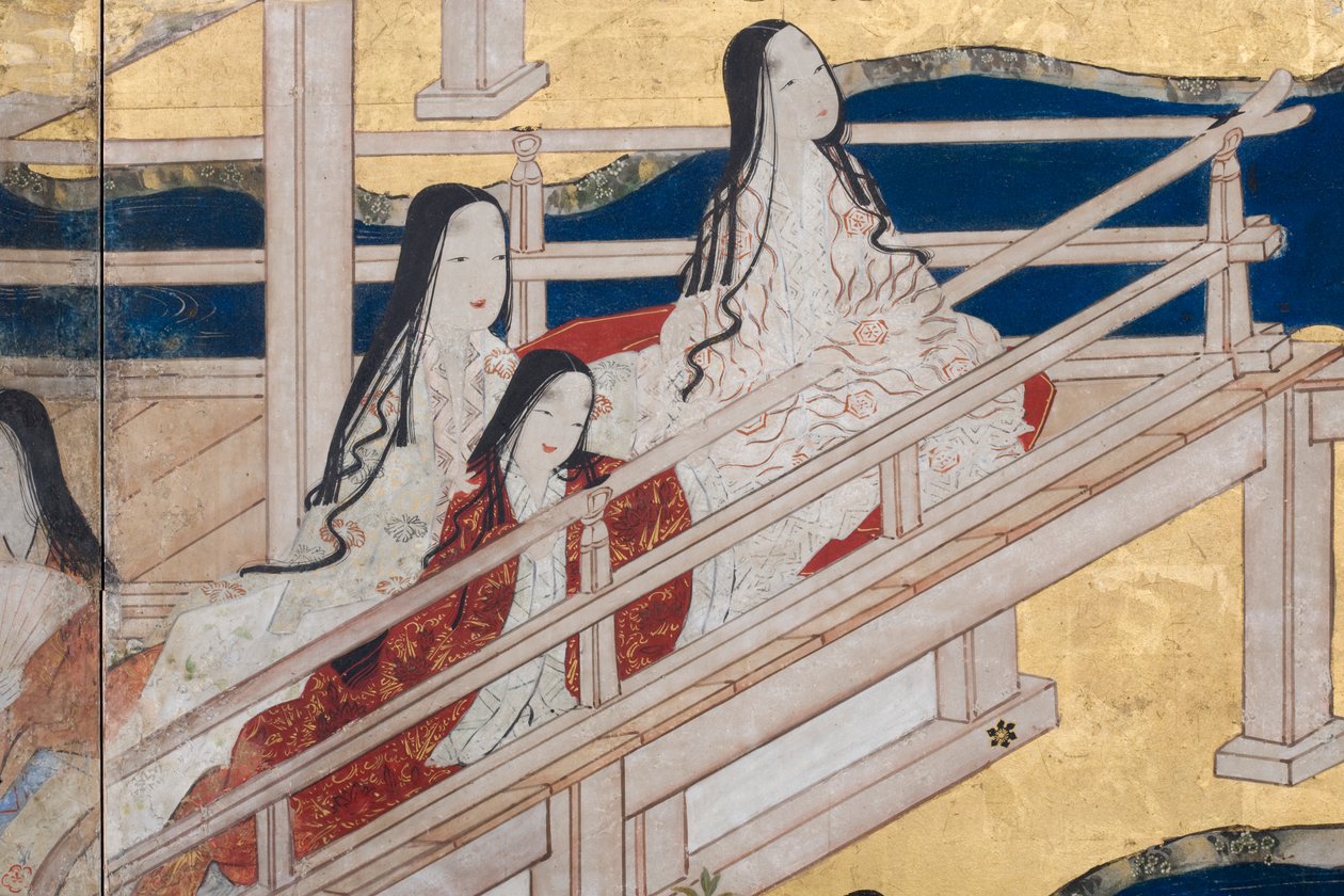 Detalle de Primavera en el Palacio, biombo de seis paneles de El Cuento de Genji, c.1650 de Japanese School