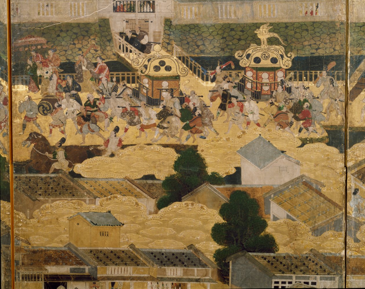 Detalle de Vistas de Kioto y sus alrededores (Rakuchu rakugai zu), ca.1616-24 (tinta, color y pan de oro sobre papel) de Japanese School