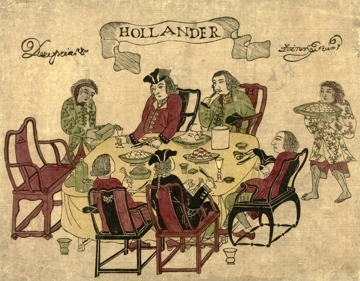 Empleados holandeses de la VOC siendo servidos por sirvientes javaneses en Deshima, 1790-1810 de Japanese School