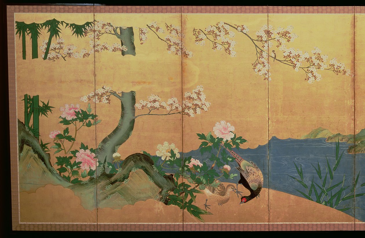 Garzas en un arroyo con una isla de lirios, Período Edo de Japanese School