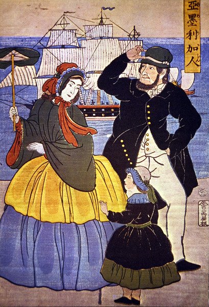 Familia europea en el puerto de Yokohama pintada por un artista japonés en 1861 de Japanese School