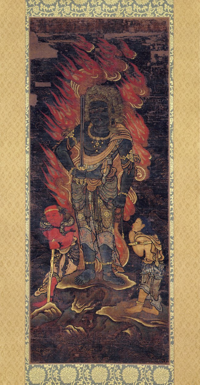 Fudo Myoo y dos asistentes (tinta y color sobre seda) de Japanese School
