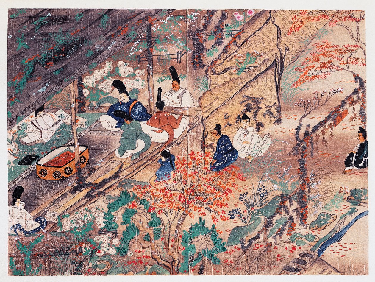 El estadista y poeta Heian Sugawara Michizane (845-903), conocido como Tenjin-San (espíritu celestial), en el exilio en el santuario Kitano Tenman-Gu de Kioto dividiendo las ropas donadas por el que fuera emperador, Fujiwara Nobuzane (1176-1268), periodo K de Japanese School