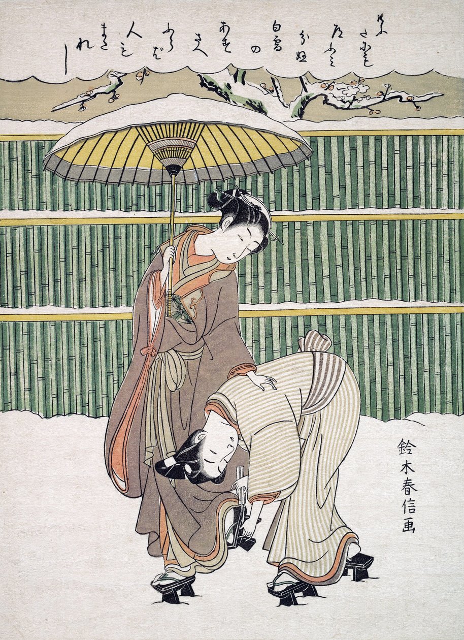 Amantes japoneses caminando en la nieve, pub. c. 1768 de Japanese School