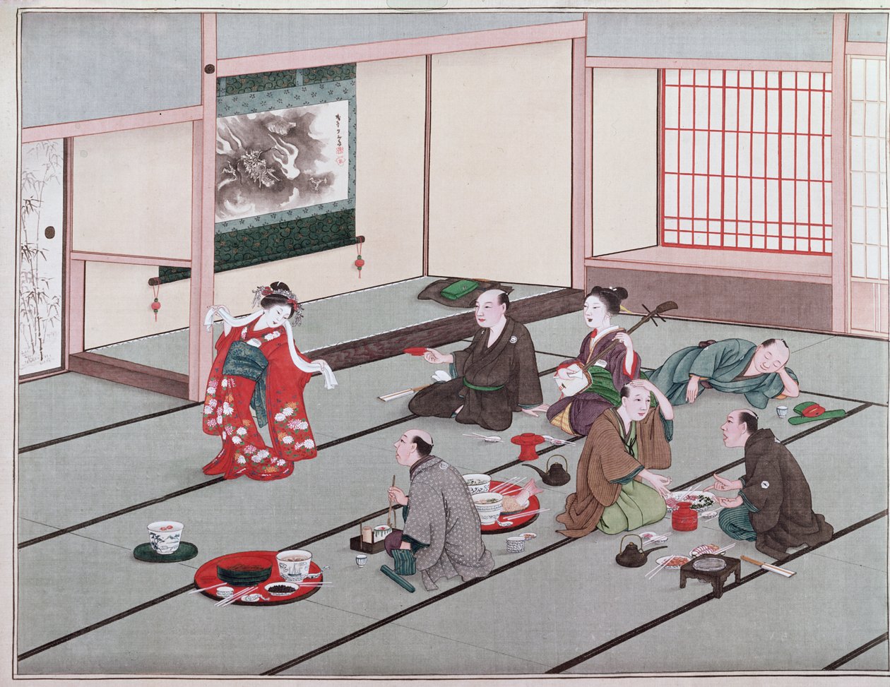 Japoneses comiendo, bebiendo y siendo entretenidos en una casa de té de Japanese School