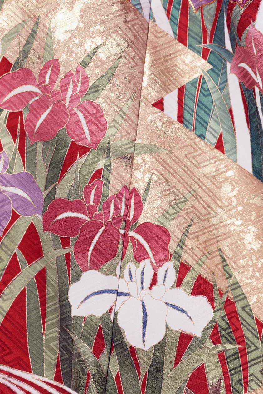 Kimono Furisode (mangas ondulantes) usado por jóvenes solteras en ocasiones elegantes y Maiko (aprendiz de Geisha), Seda lisa, motivos Hinpaku, iris, detalle, teñido Kaga-Yuzen, tejedurías Tokamachi, civilización japonesa, siglo XX. de Japanese School
