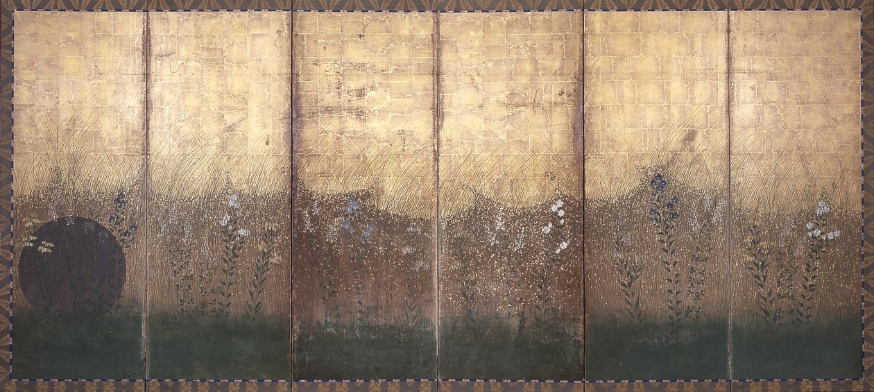 Moon In Musashi Plain (color y oro sobre papel) de Japanese School
