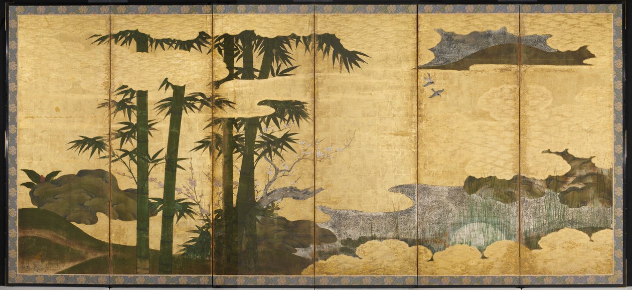 Bosque de bambú a la luz de la luna, principios del siglo XVI (par de pantallas de seis paneles; tinta, color y oro sobre papel) de Japanese School